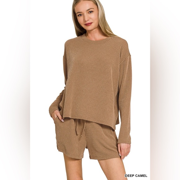Zenana Corded Rib Long Sleeve Tee and Shorts Set - Picture 1 of 3
